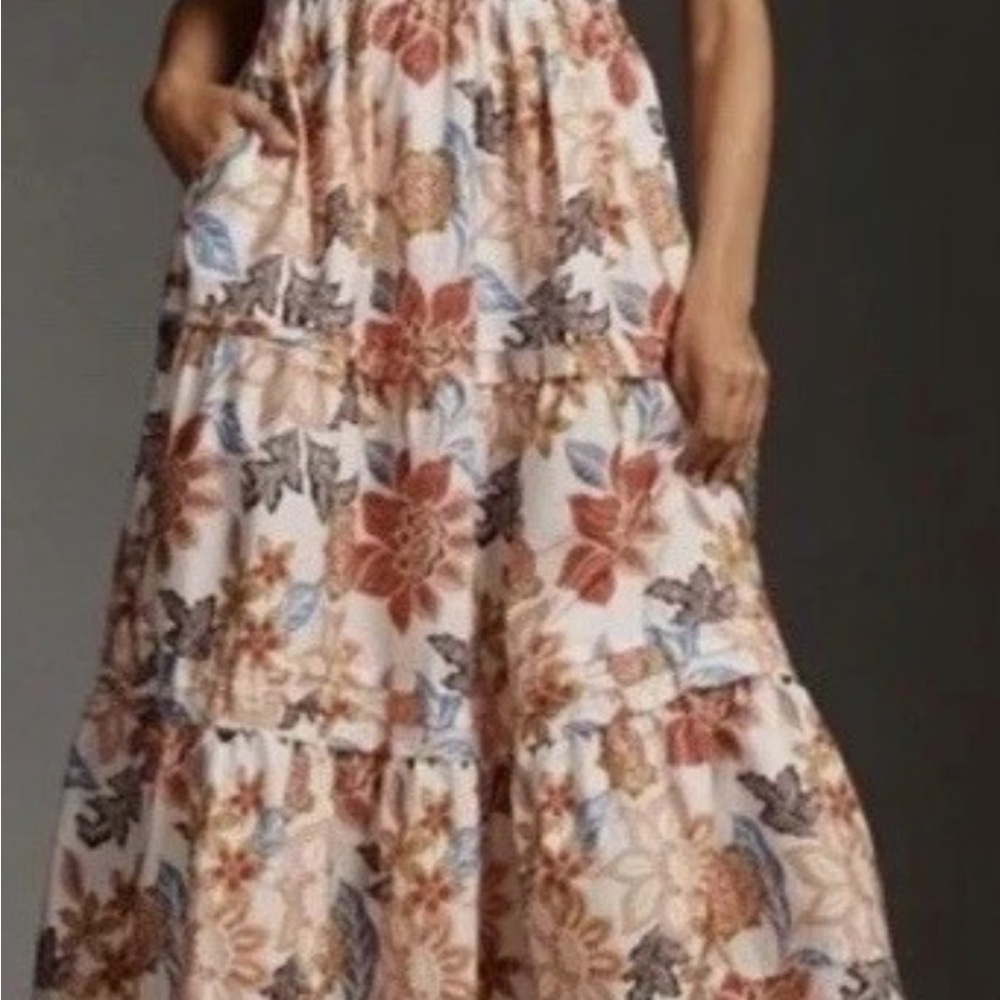 Anthropologie Cream Maxi Dress with Rust and Blue Floral Print